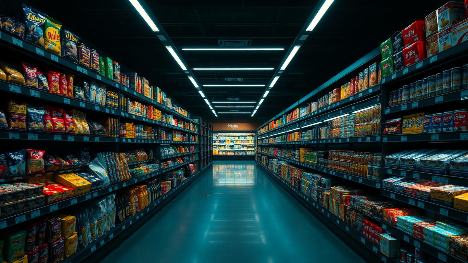 Corredor de supermercado com prateleiras cheias de produtos